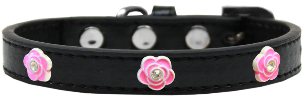 Bright Pink Rose Widget Dog Collar Black Size 18